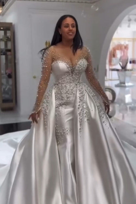 Long Sleeve Mermaid Wedding Dress Beaded Satin Stunning Bridal Gown with Detachable Train
