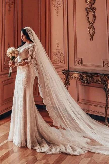 Long Sleeve V-Neck Lace A-Line Stain Wedding Dresses with Ruffles (ZD15726)