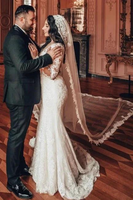 Long Sleeve V-Neck Lace A-Line Stain Wedding Dresses with Ruffles (ZD15726)