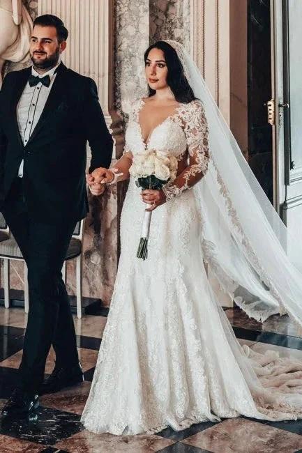 Long Sleeve V-Neck Lace A-Line Stain Wedding Dresses with Ruffles (ZD15726)