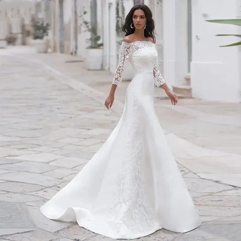 Long Sleeves Lace Wedding Dress For Women Brides Sexy Boat Neck Mermaid Appliques Bridal Gown Custom Made by payinti
