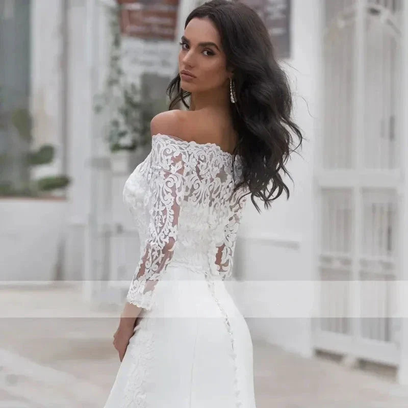 Long Sleeves Lace Wedding Dress For Women Brides Sexy Boat Neck Mermaid Appliques Bridal Gown Custom Made (ZD13306) - View 4 | VelvetHem