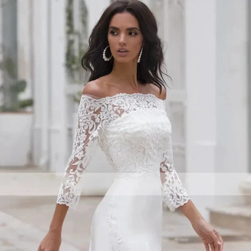 Long Sleeves Lace Wedding Dress For Women Brides Sexy Boat Neck Mermaid Appliques Bridal Gown Custom Made (ZD13306) - View 3 | VelvetHem