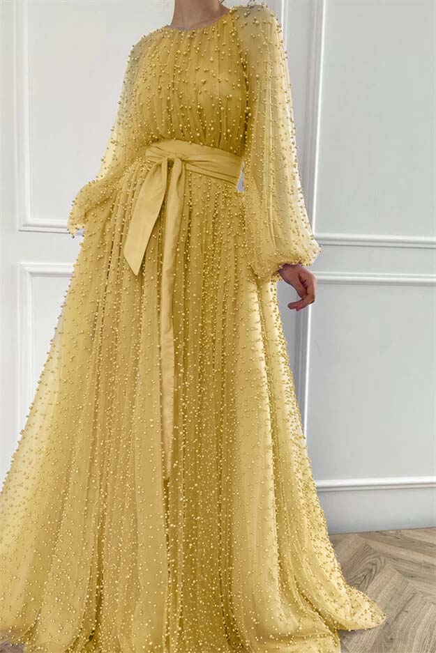 Long Sleeves Long Jewel Neck Evening Formal Dress With Pleated Beading