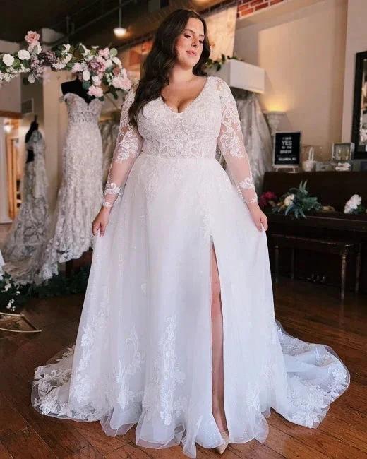 Long Sleeves V-Neck Plus Size Chiffon Wedding Dress (ZD16490)