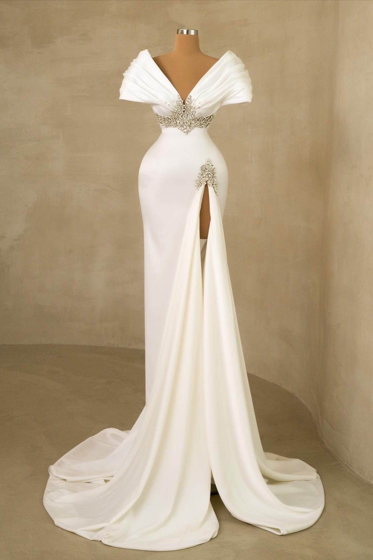 Long White Wedding Dress Mermaid Off The Shoulder Jewels Bridal Gown With Slit