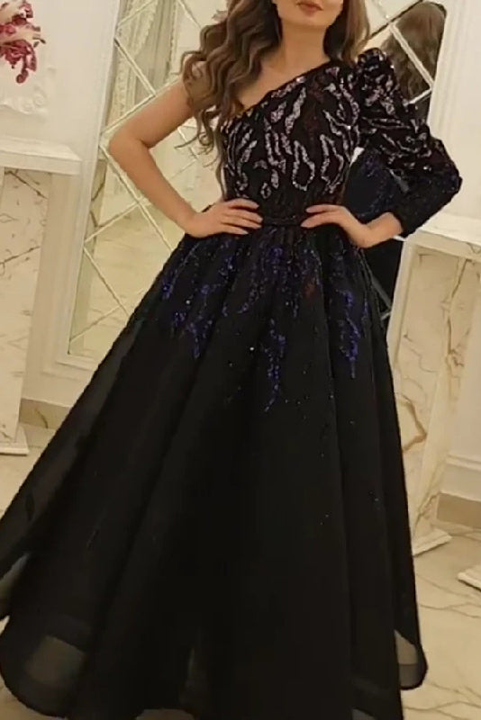 Long Black One Sleeve A-Line Prom Dress Evening Gown - Fashionpara