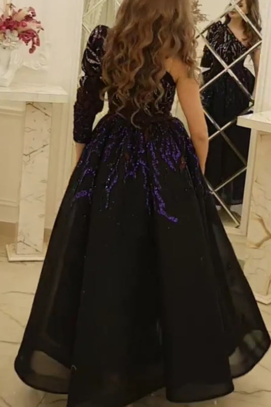 Long Black One Sleeve A-Line Prom Dress Evening Gown - Fashionpara