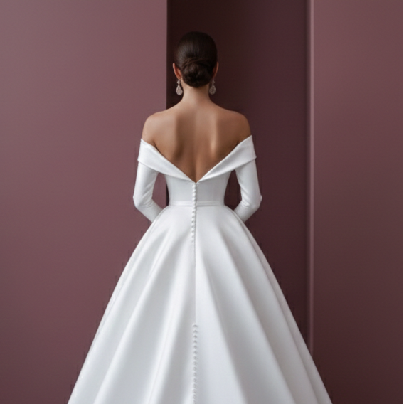 Long Satin Ball Gown Sleeve Wedding Dress Royal Elegant
