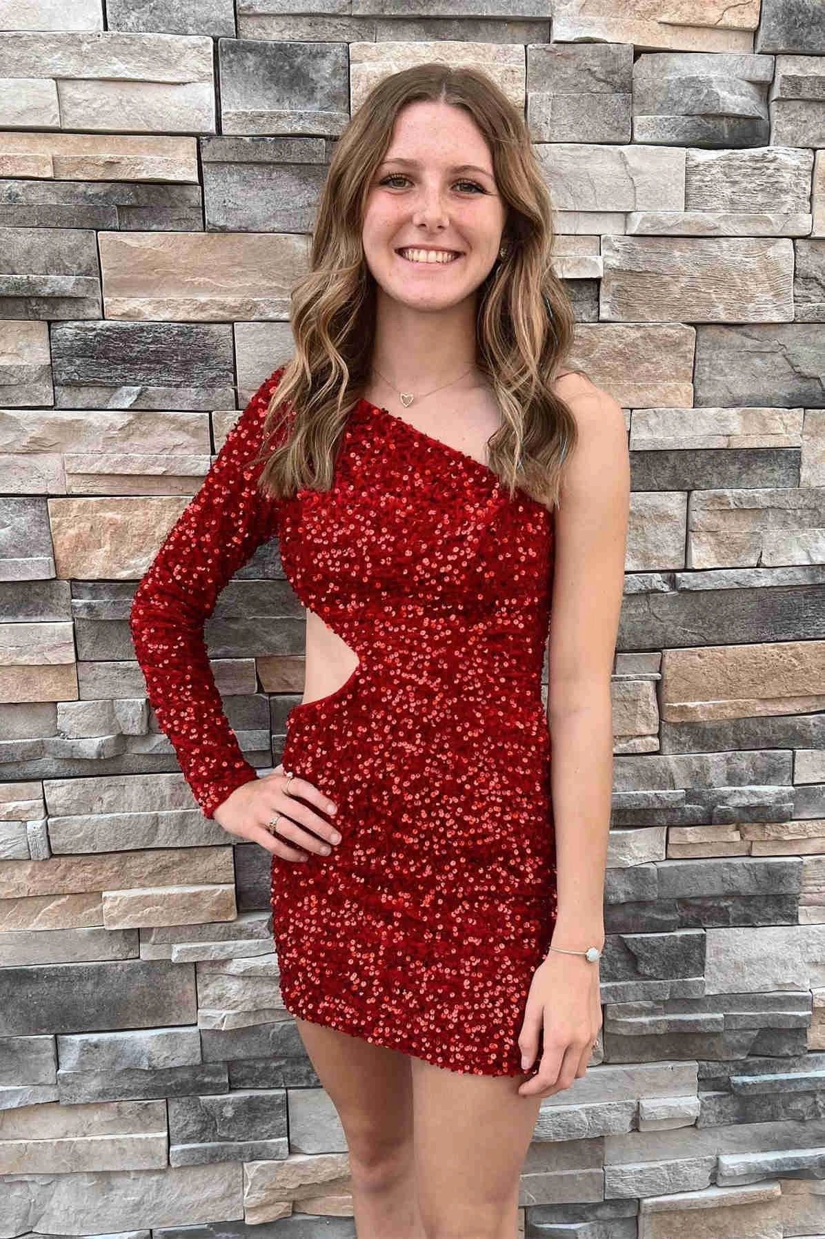 One Shoulder Purple Bodycon Sequin Homecoming Dress SYH34 by vivymakudress