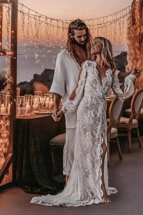 Long Sleeve V-neck Lace Appliques Boho Wedding Dress WD749 by pgmdress