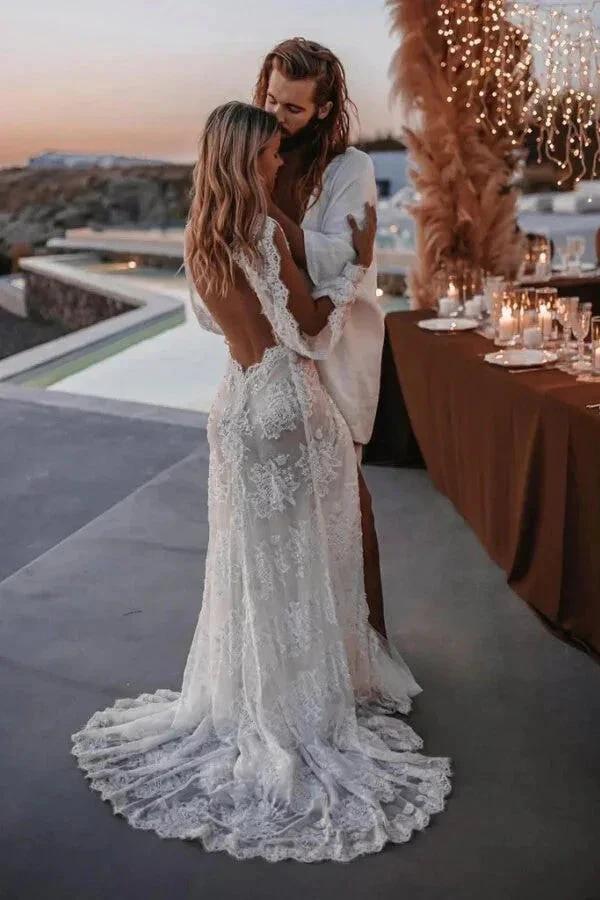 Long Sleeve V-neck Lace Appliques Boho Wedding Dress (ZD16076)
