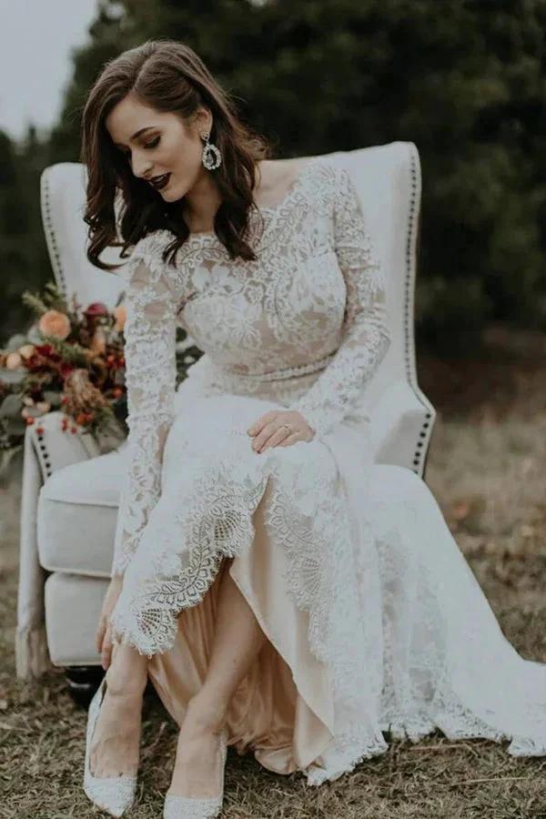 Long Sleeve Vintage Wedding Dress Backless Rustic Bridal Gown WD730 by pgmdress