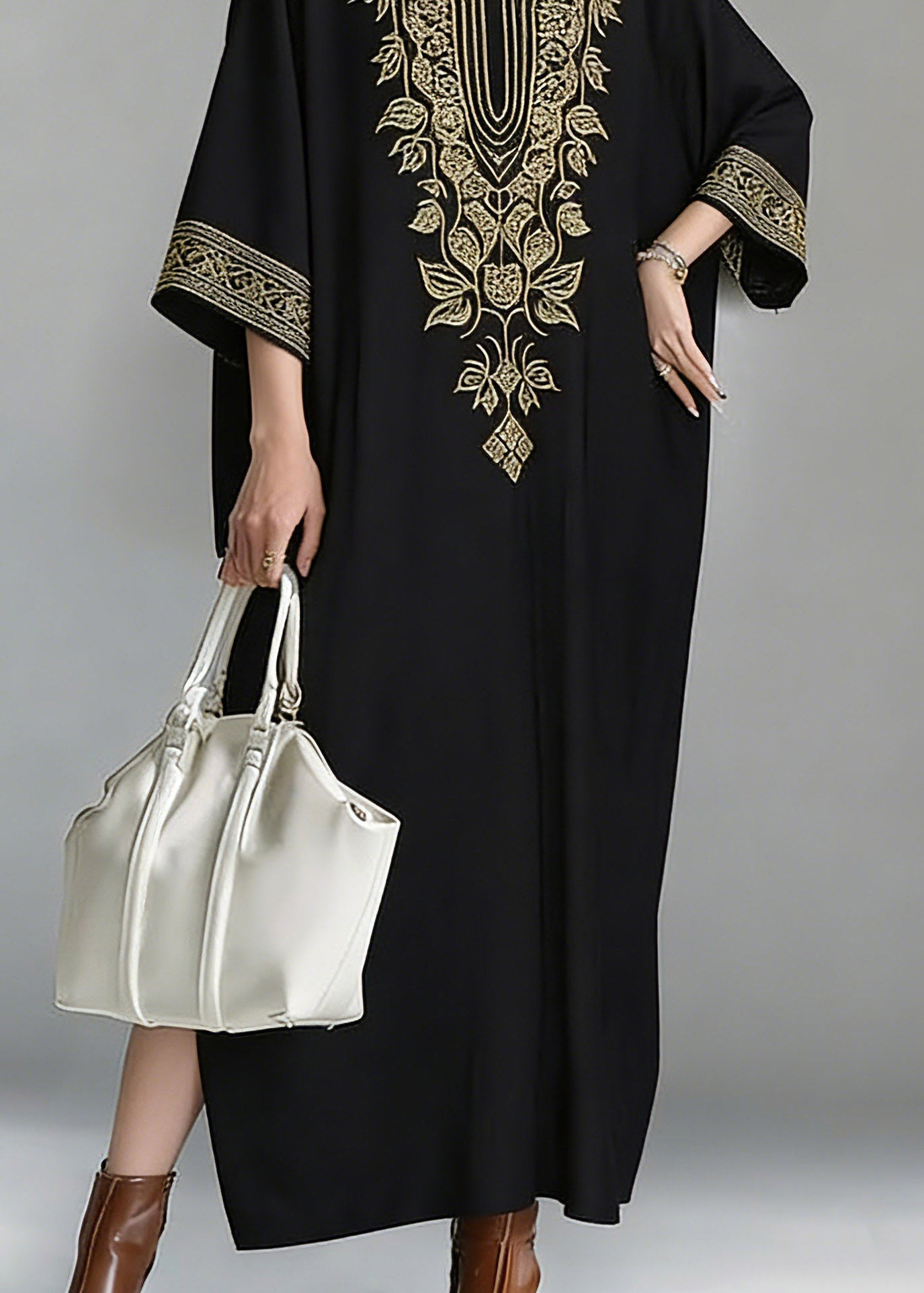 Loose Black V Neck Embroidered Maxi Dress Spring