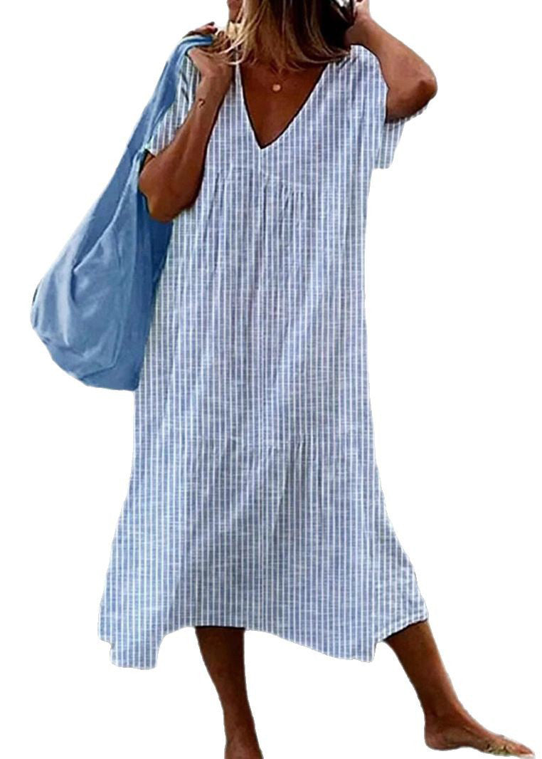 Loose Blue V Neck Striped Cotton Maxi Dresses Summer