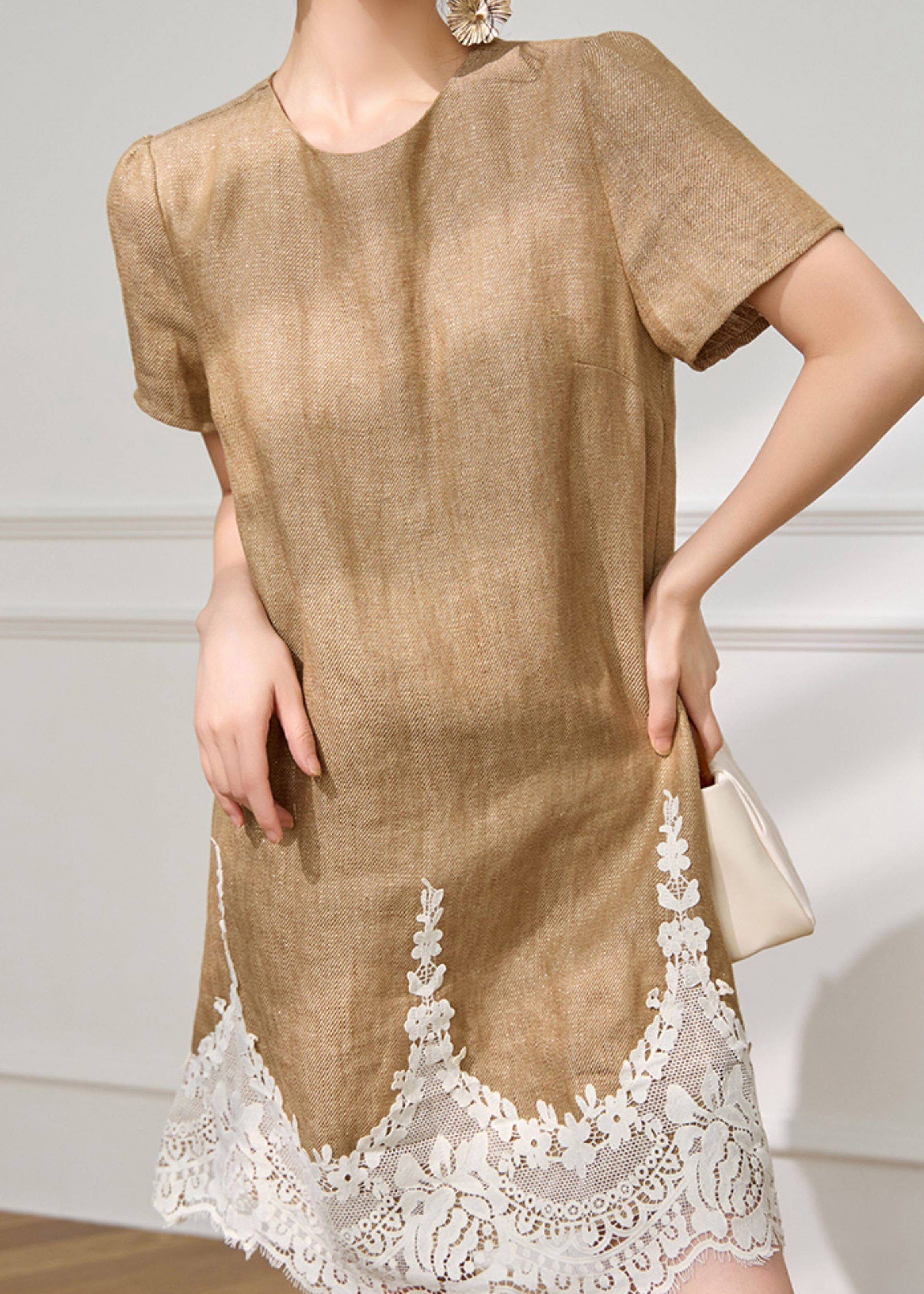 Loose Coffee O-Neck Lace Patchwork Mid Dress Short Sleeve
