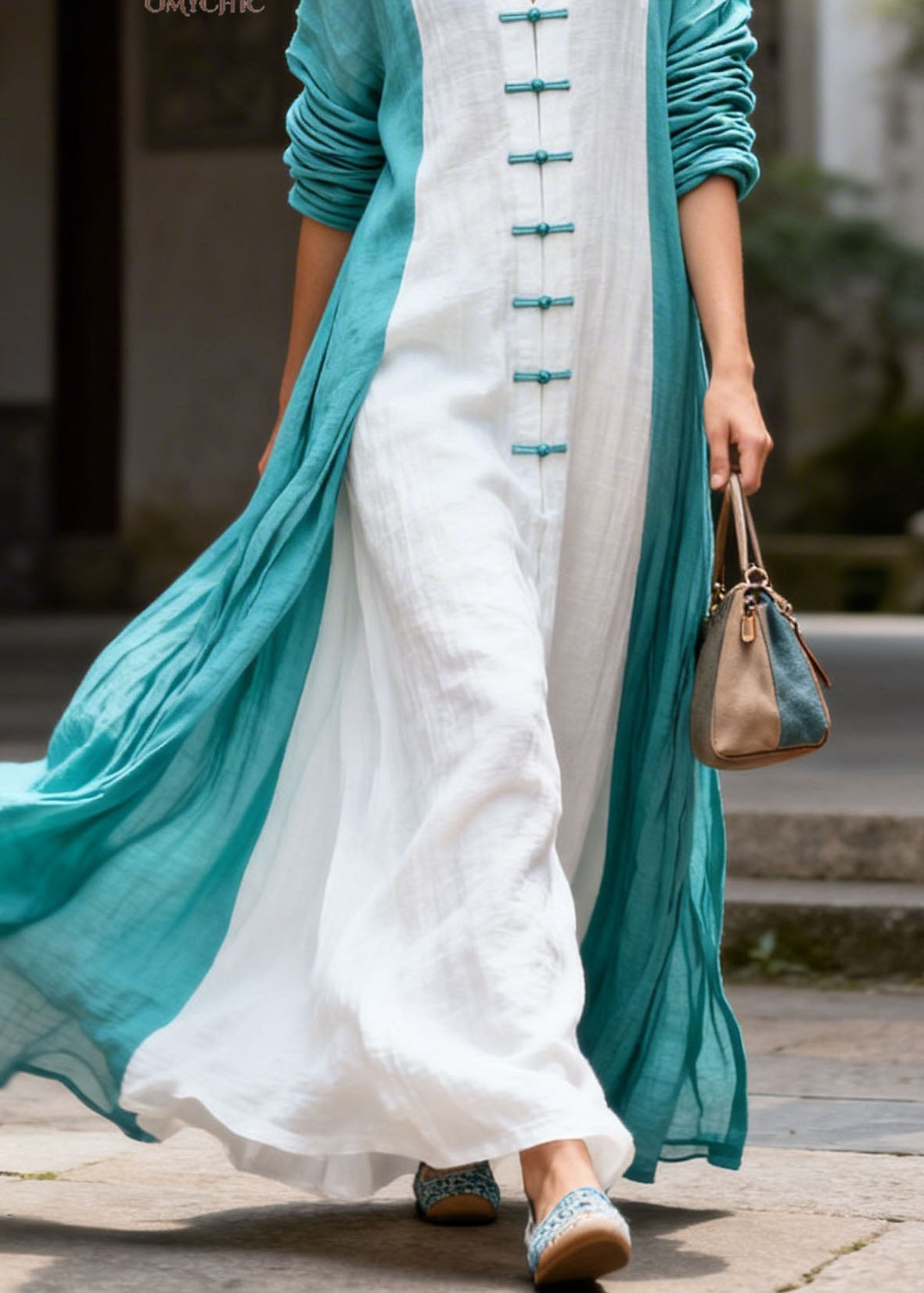 Loose Colorblock V Neck Chinese Button Patchwork Cotton Dress Summer