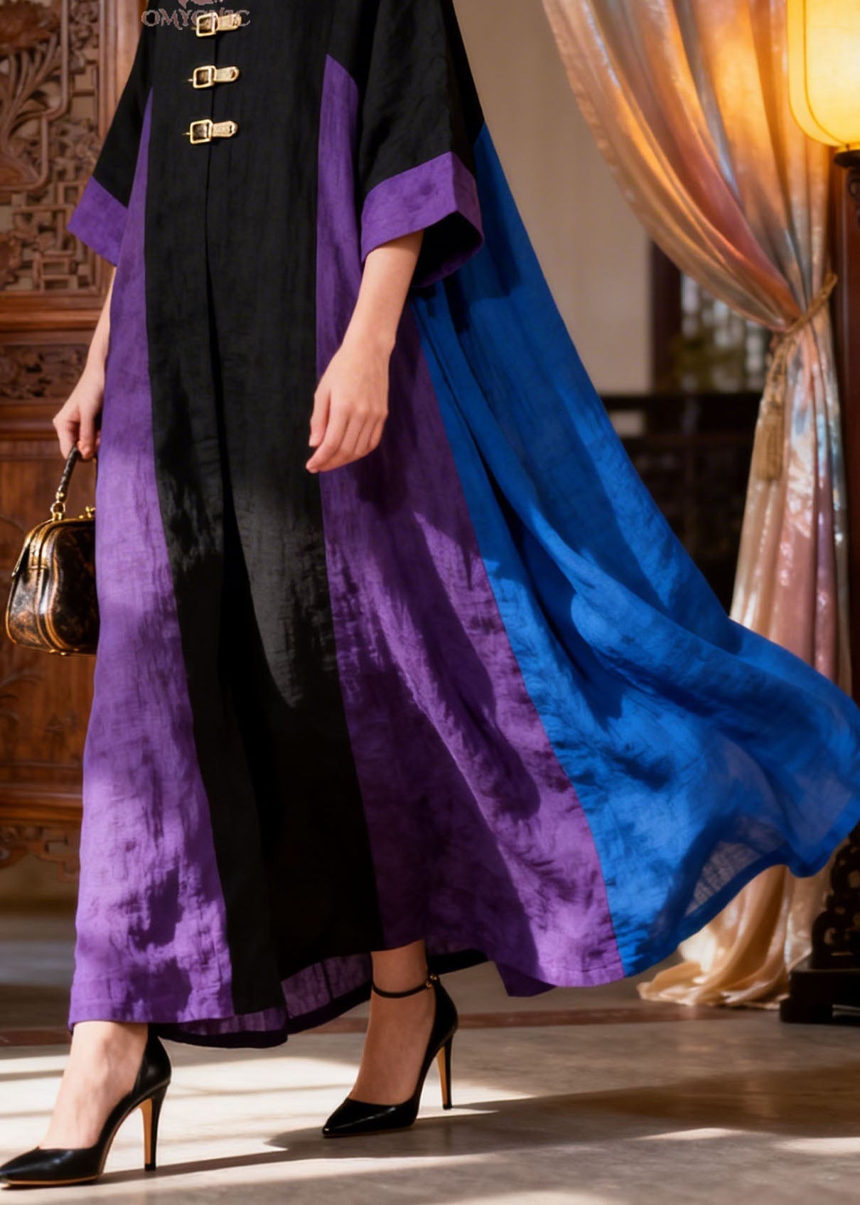 Loose Colorblock V Neck Patchwork Cotton Dress Summer