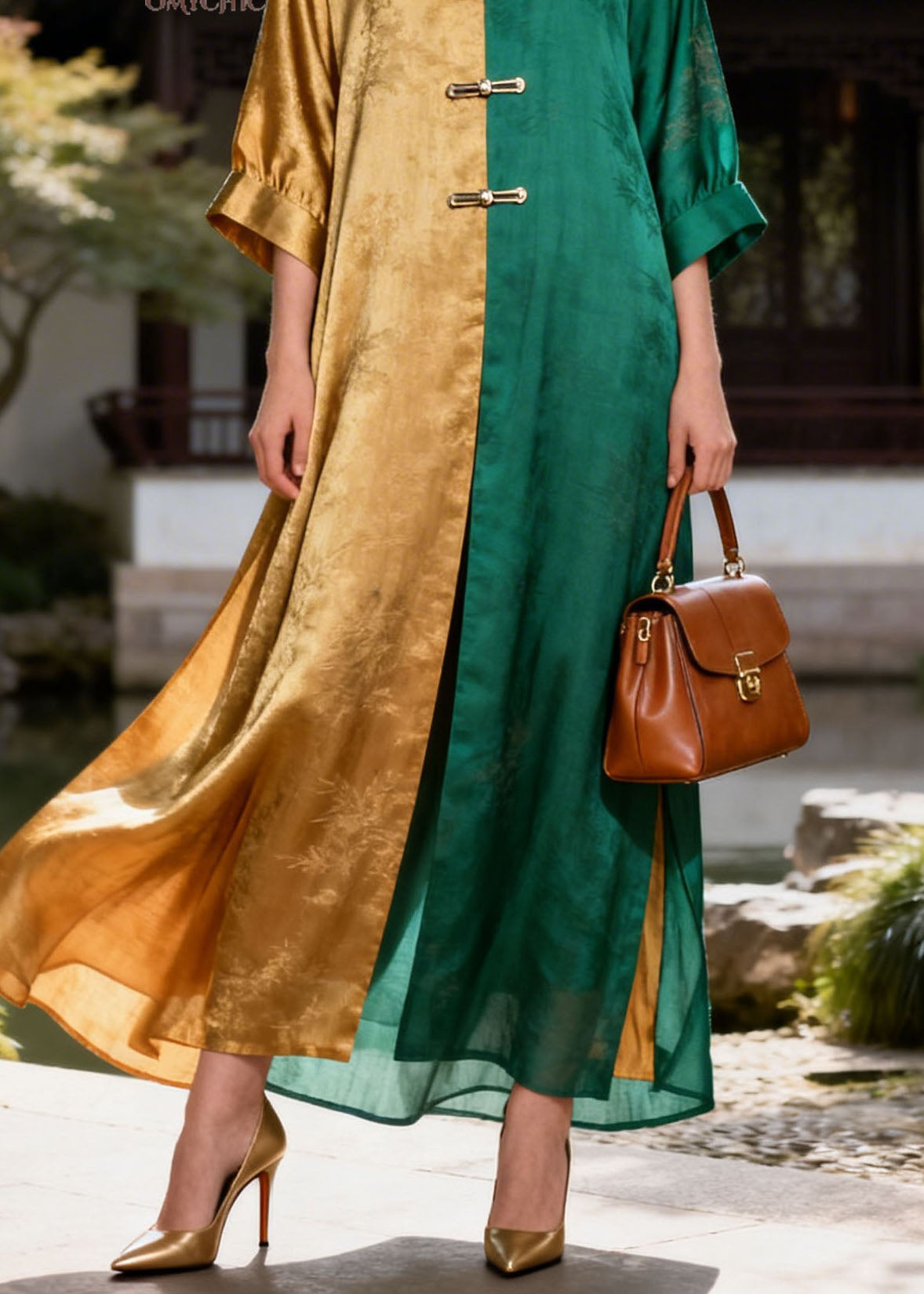Loose Colorblock V Neck Patchwork Silk Long Dress Summer