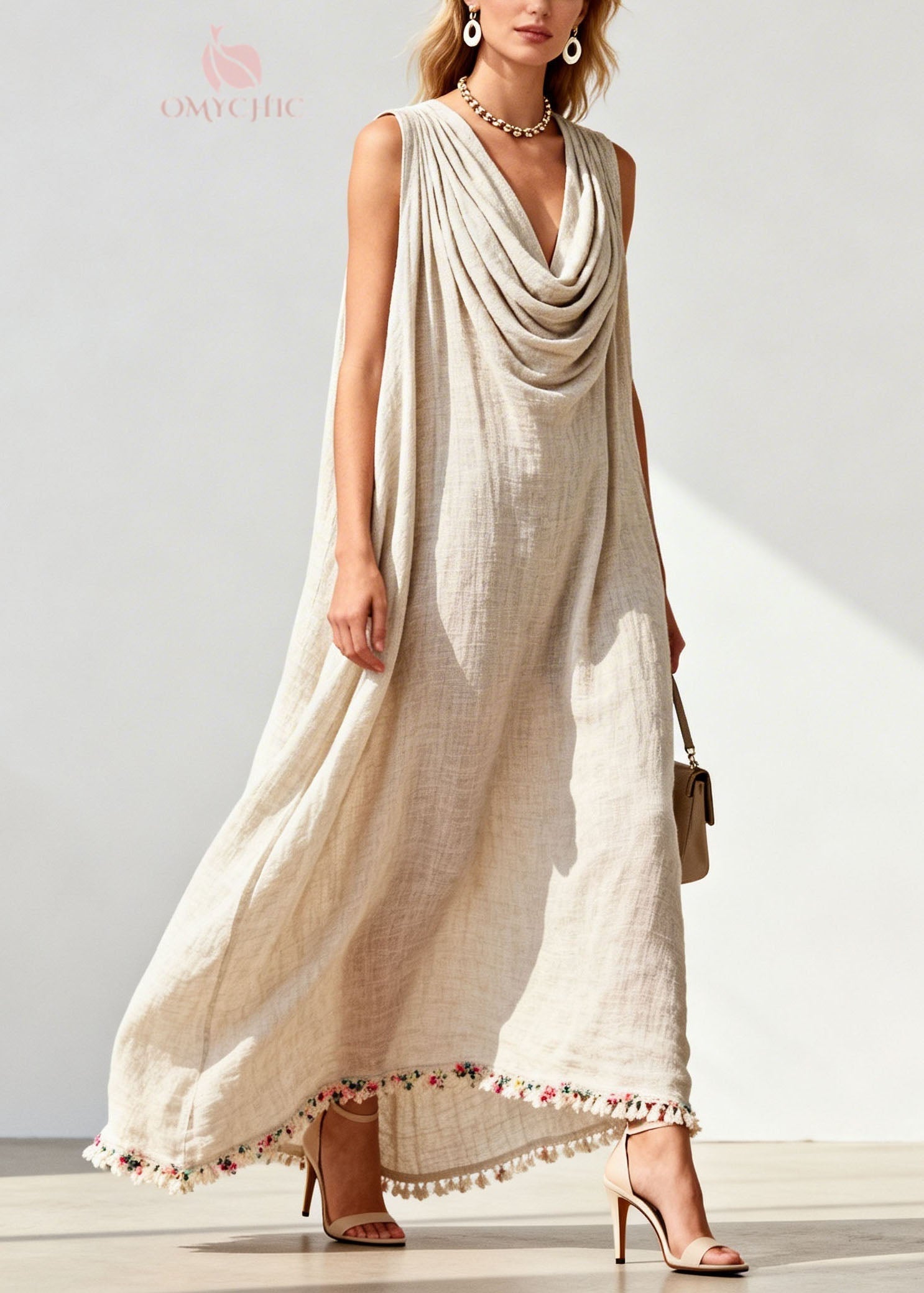 Loose Draped Neckline Floral Patchwork Linen Maxi Dresses Sleeveless