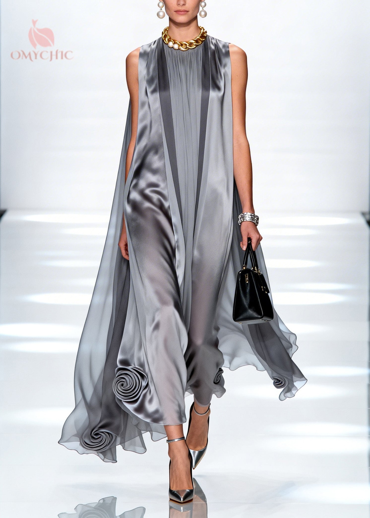 Loose Grey Oversized Stereoscopic Floral Chiffon Long Dress Sleeveless