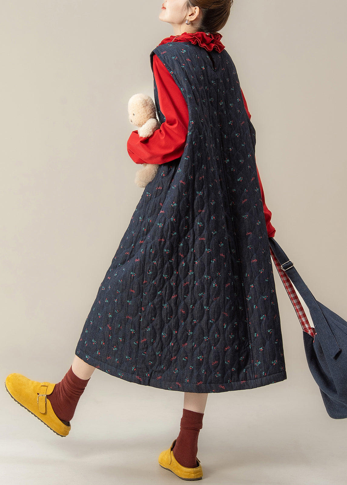Loose Navy Print Dress And Red Ruffled T Shirt Cotton Filled Two Pieces Set Winter