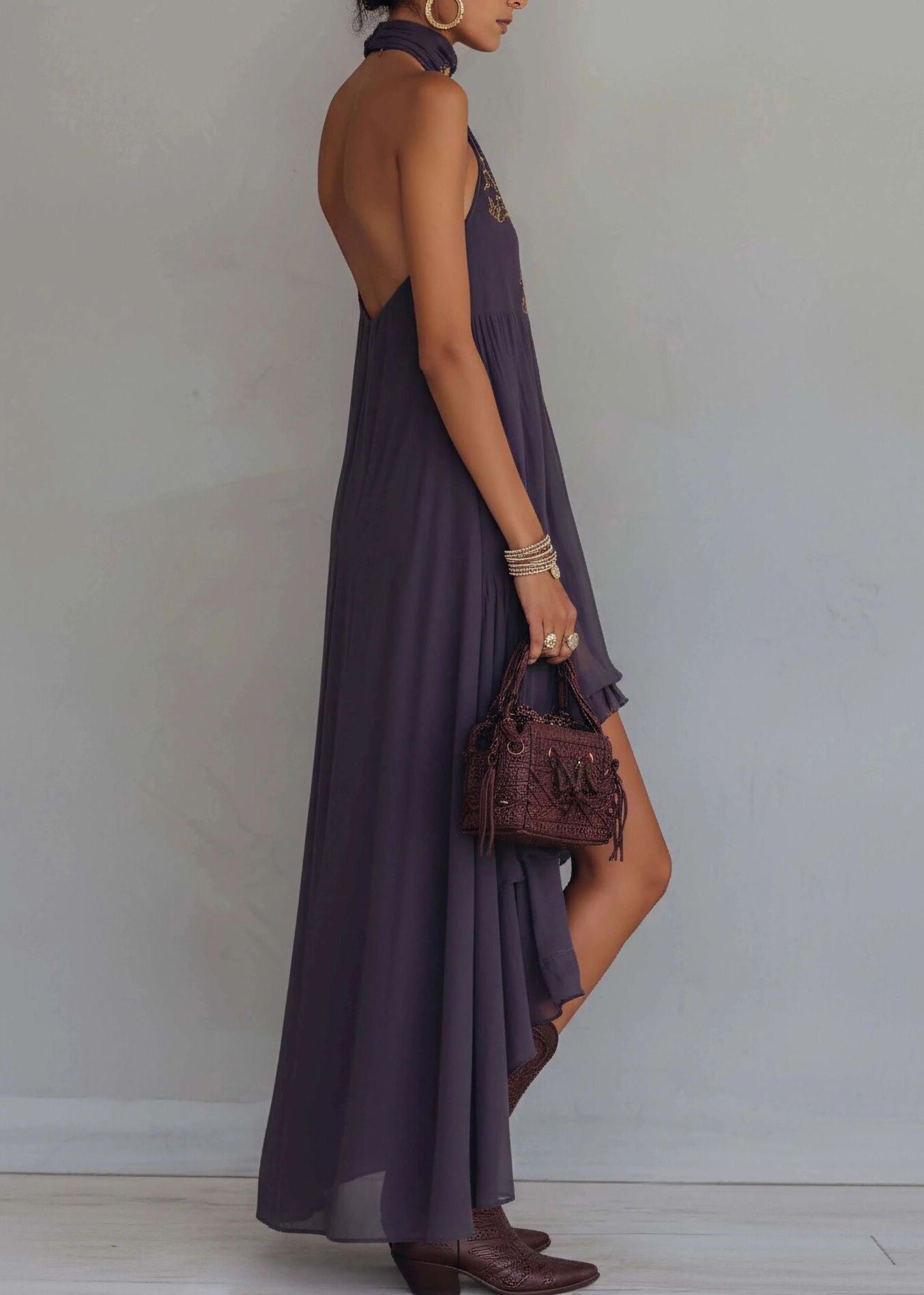 Loose Purple Embroidered Asymmetrical Design Chiffon Dress Sleeveless