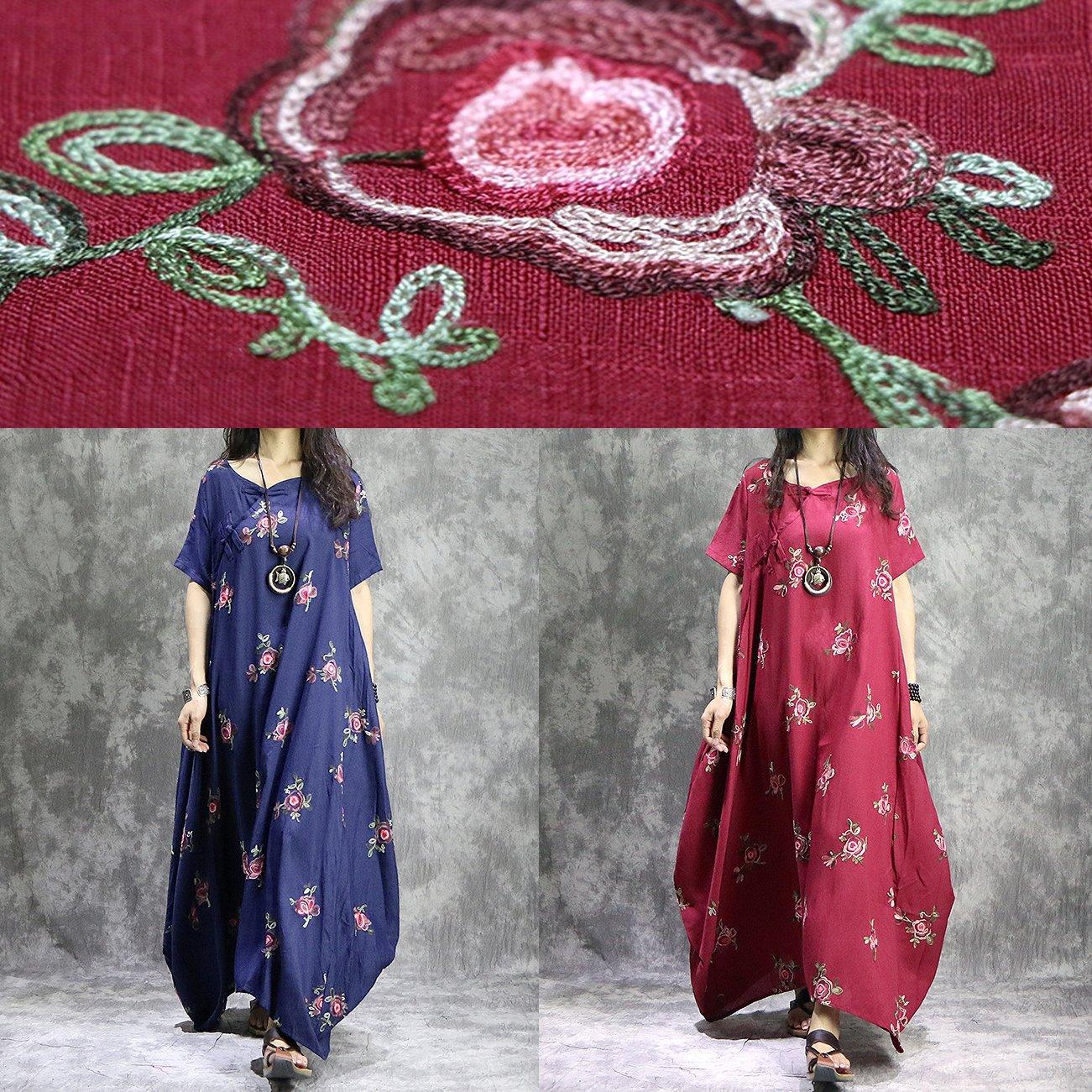 Loose O-Neck Prints Linen Robes Stylish Work Outfits Red Loose Dress Summer