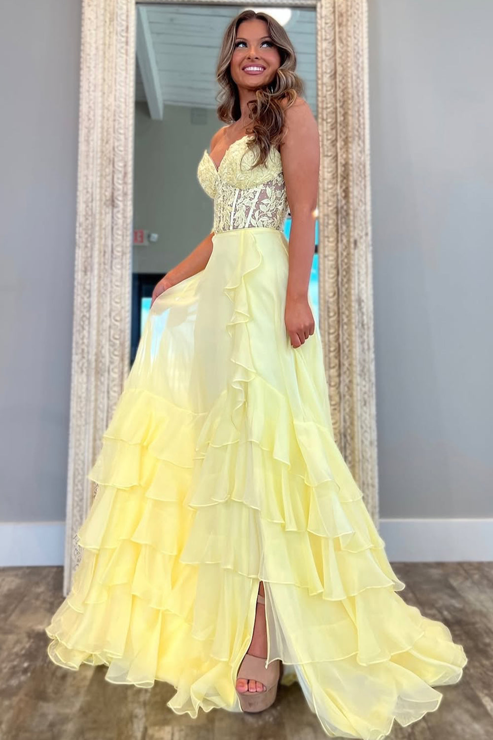 Lovely Yellow A-Line Sweetheart Lace Top Chiffon Prom Dress With Ruffle Skirt