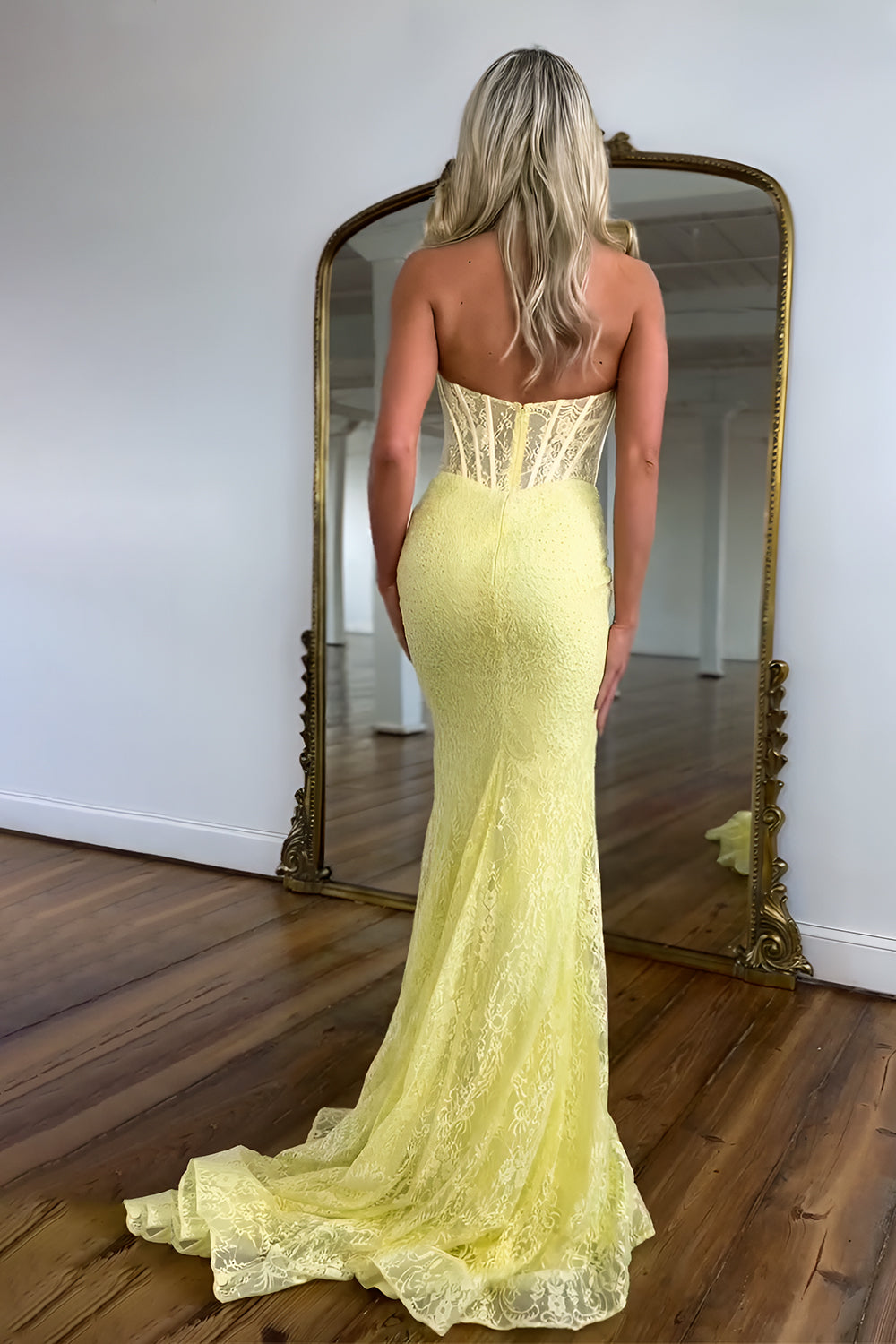 Lovely Mermaid Halter Neck Yellow Lace Corset Prom Dress with Sweep Train
