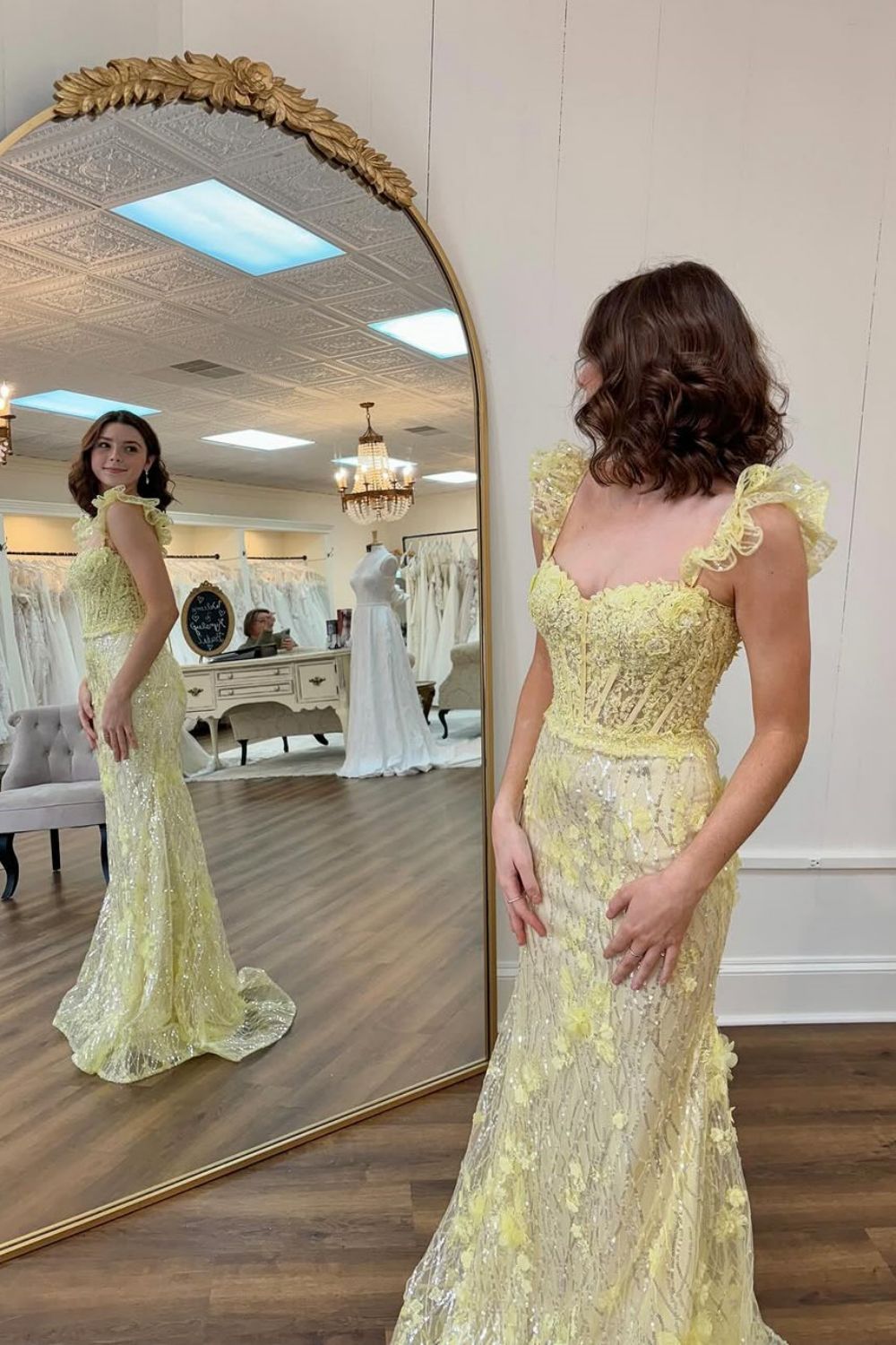 Lovely Yellow Mermaid Long Glitter Prom Party Dress with Appliques