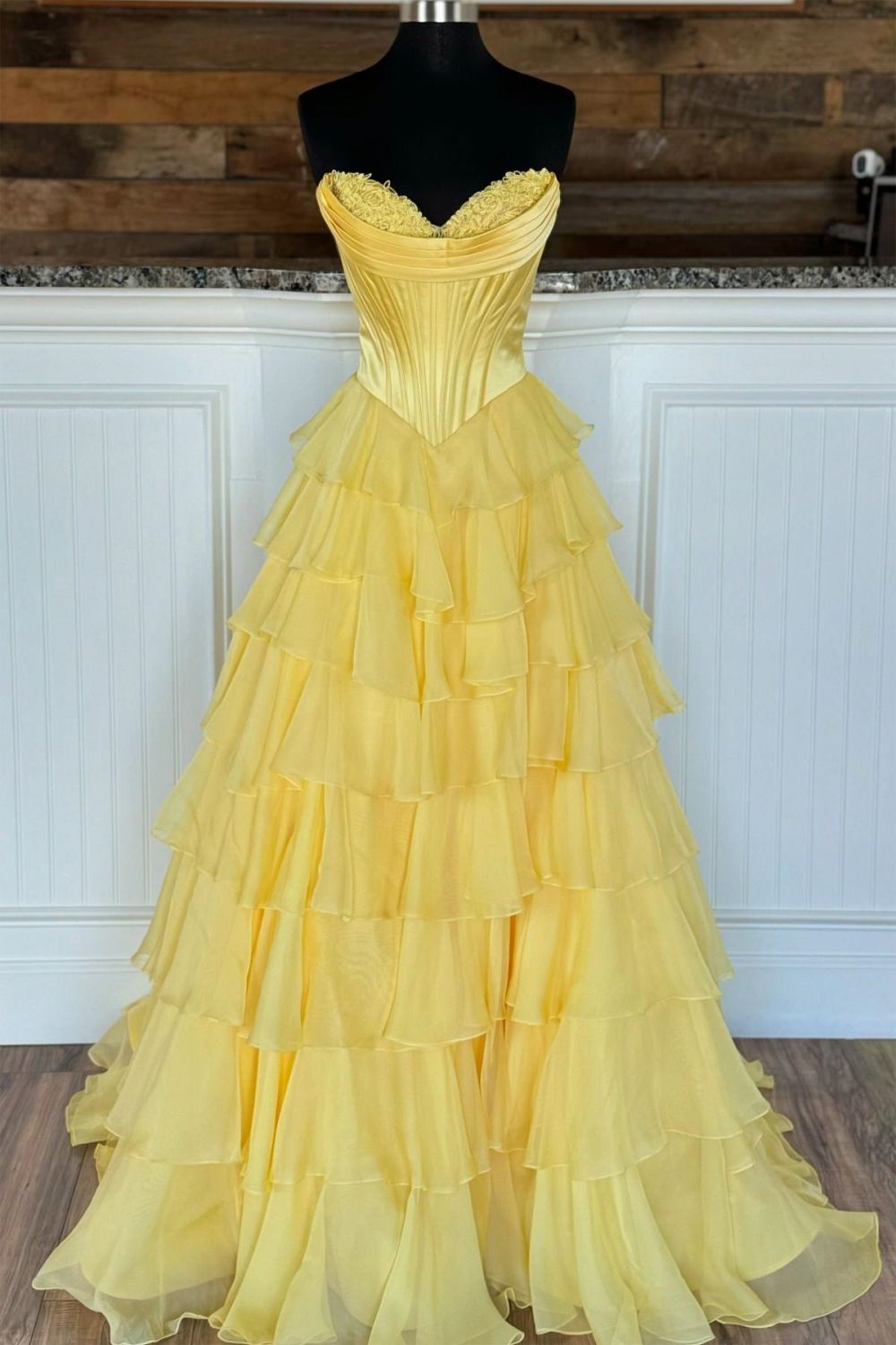 Stunning A-Line Sweetheart Satin Top Long Tiered Chiffon Prom Dress with Slit