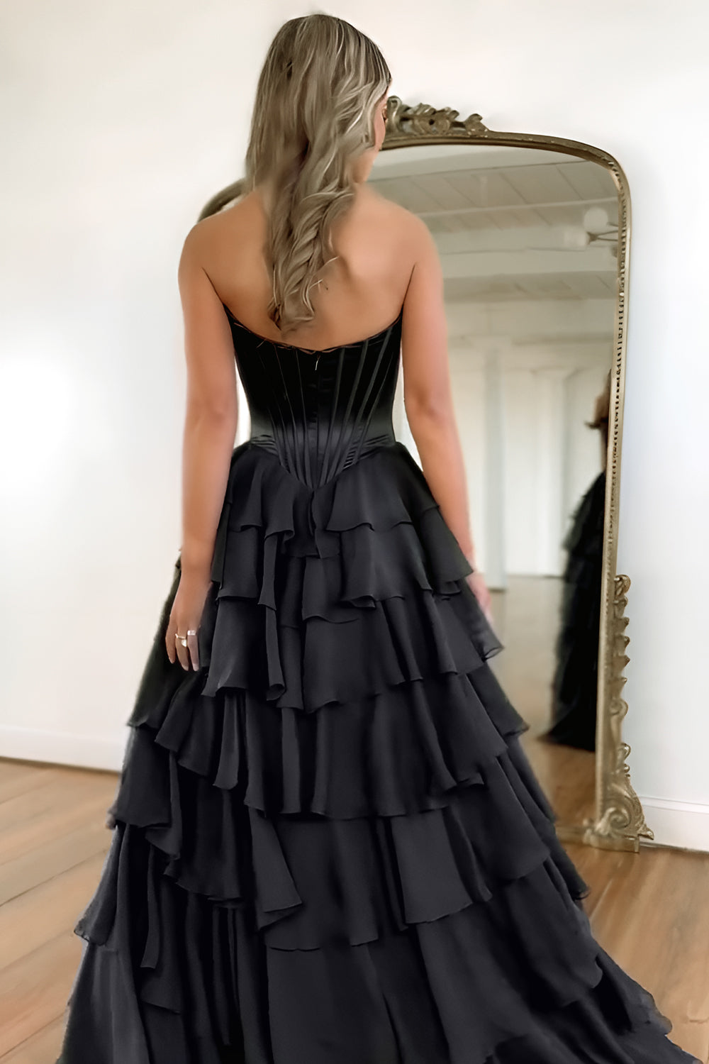 Stunning A-Line Sweetheart Satin Top Long Tiered Chiffon Prom Dress with Slit