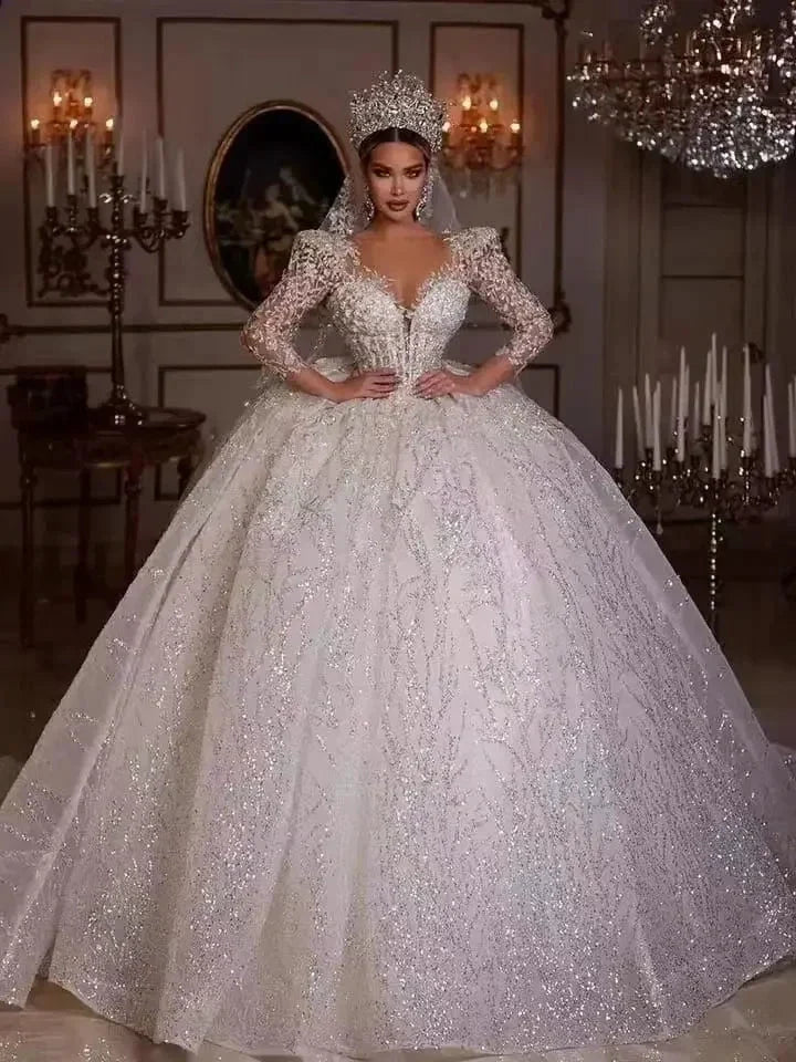 Luxurious Ball Gown Sparkly Wedding Dresses 2023 V Neck Long Sleeve Robe De Mariee Lace Beaded Princess Glitter Vestido De Novia by payinti
