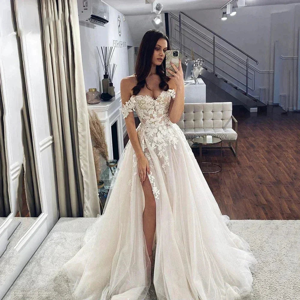 Off Shoulder Mopping Wedding Dresses Sweetheart Lace Beautiful Bridal Gowns Side Split Corset Sleeveless New 2023 (ZD13525)