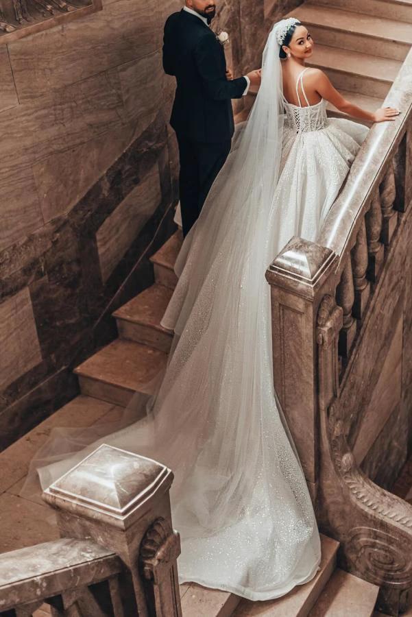 Luxurious Long A-line Lace Spaghetti Straps Wedding Dresses With Glitter (ZD15647)