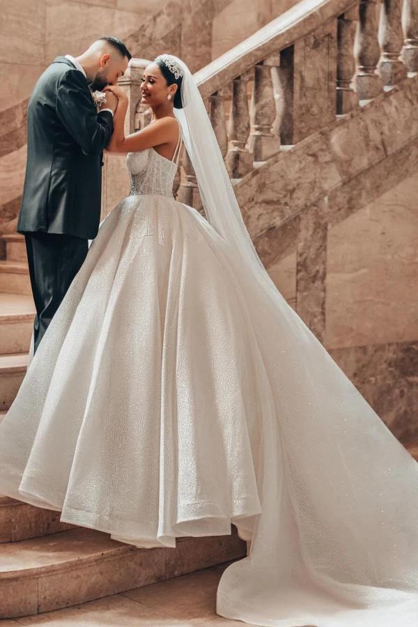 Luxurious Long A-line Lace Spaghetti Straps Wedding Dresses With Glitter (ZD15647)