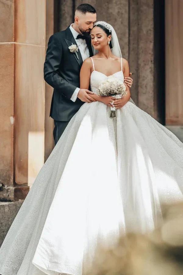 Luxurious Long A-line Lace Spaghetti Straps Wedding Dresses With Glitter (ZD15647)