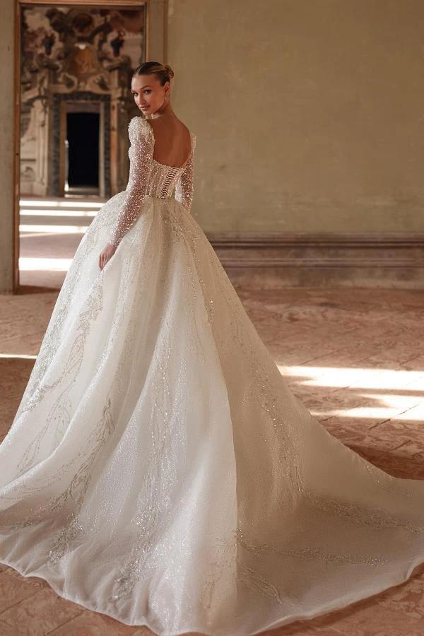 Luxurious Long Ivory A Line Square Neck Lace Beading Wedding Dress With Sleeves (ZD14485)