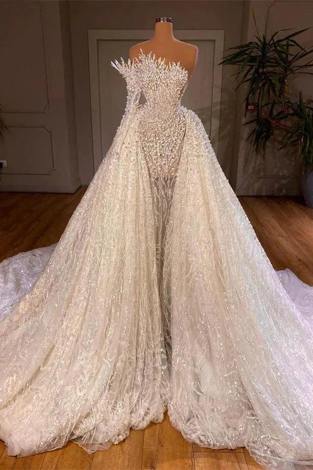 Luxurious Long White A-line Beading One Shoulder Wedding Dress With Sleeve (ZD14532)