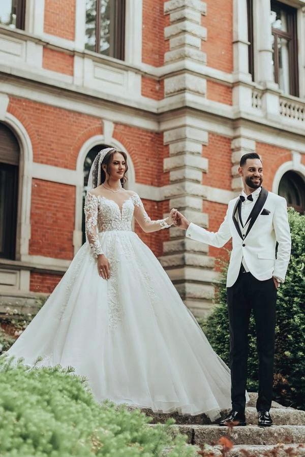 Luxurious Long White Scoop Neck A-Line Tulle Lace Wedding Dress With Sleeves (ZD14487)
