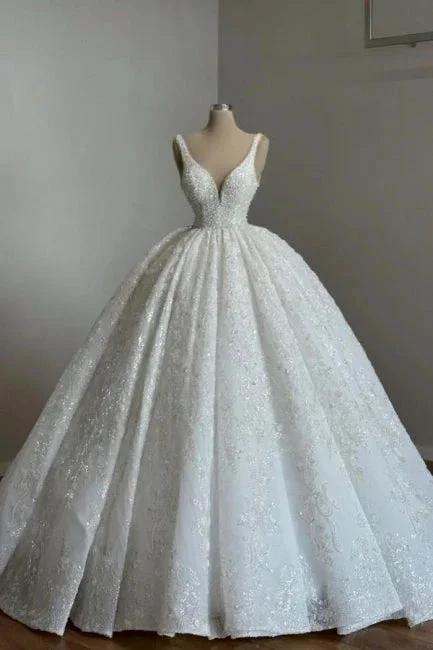 Luxurious Princess Long A-line V-neck Lace Beading Sleeveless Wedding Dresses with Glitter (ZD15627)