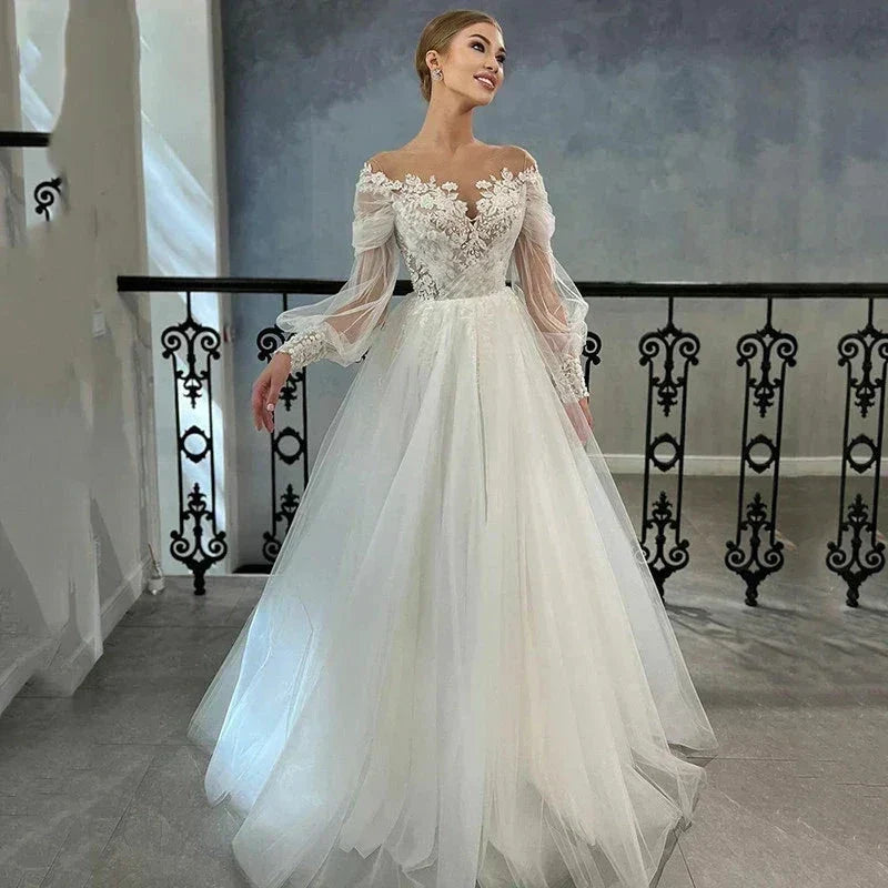 Luxurious White Bridal Gown Tulle with Applique Lace O-Neck A-Line Floor-Length Wedding Dress for Women vestidos de novia by payinti