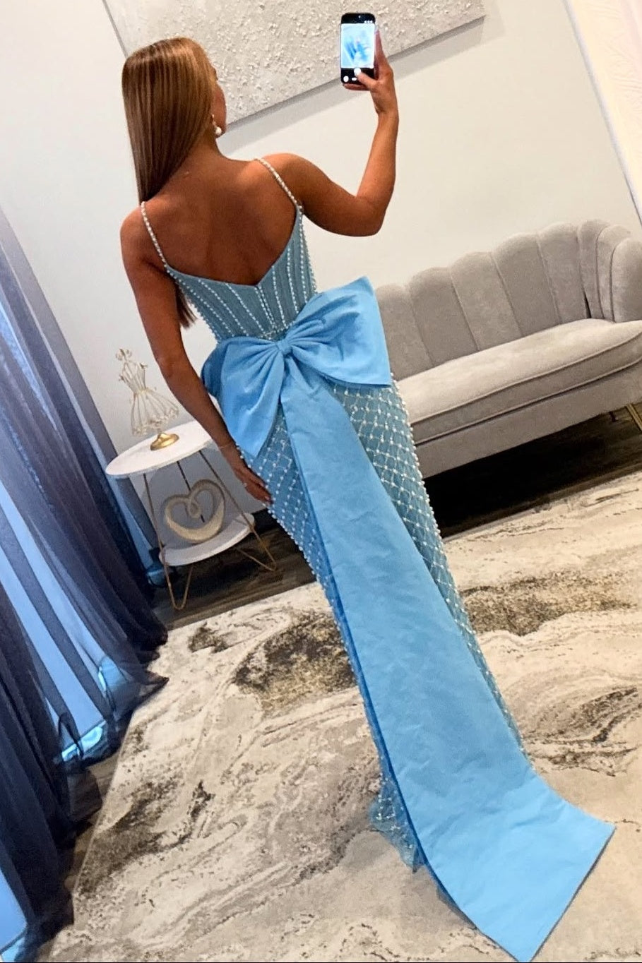 Luxurious Mermaid Spaghetti Straps Blue Long Prom Dress with Pearls