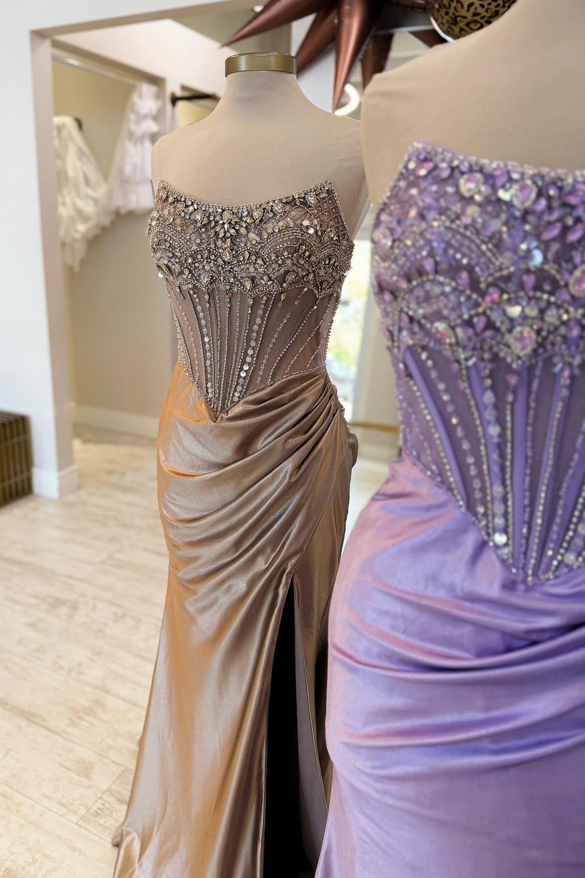 Luxurious Mermaid Strapless Dark Blue Corset Prom Dress with Beading - View 6 | FashionDia
