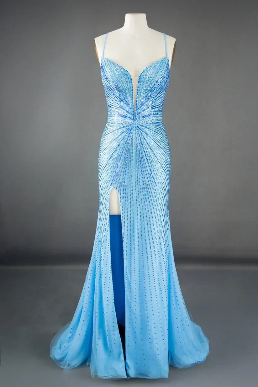 Luxurious Mermaid Spaghetti Straps Lilac Long Prom Dress with Beading Slit