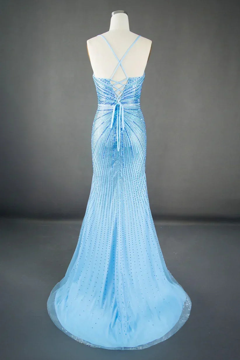 Luxurious Mermaid Spaghetti Straps Lilac Long Prom Dress with Beading Slit