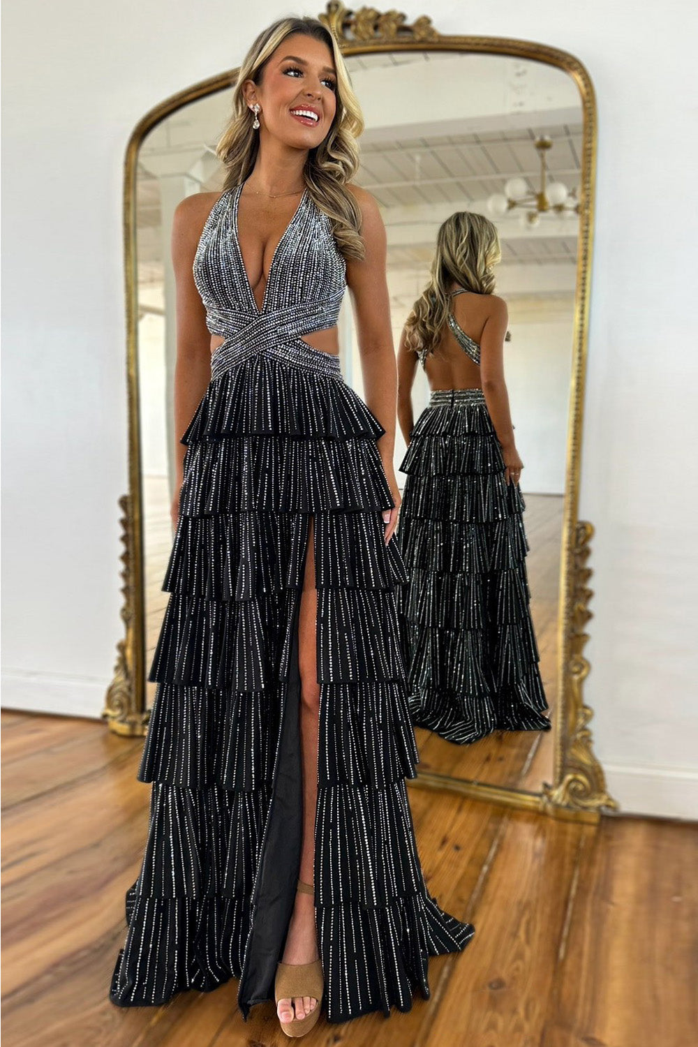 Sparkly A Line Halter Neck Long Tiered Dark Green Beaded Prom Dress with High Slit - View 5 | FashionDia
