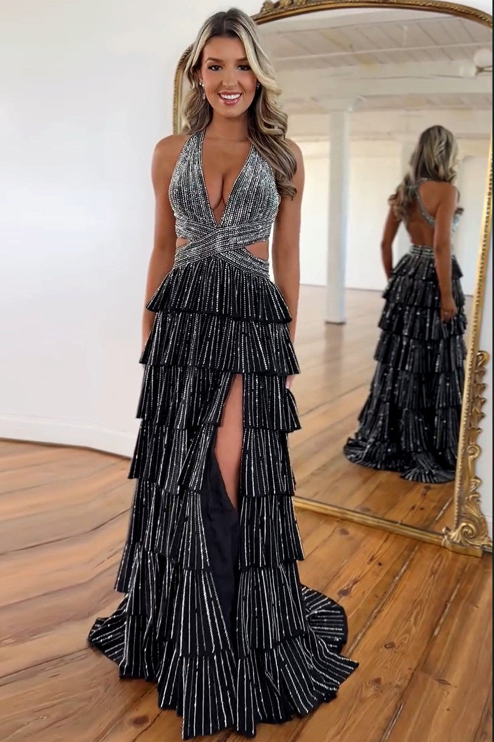 Sparkly A Line Halter Neck Long Tiered Dark Green Beaded Prom Dress with High Slit - View 6 | FashionDia