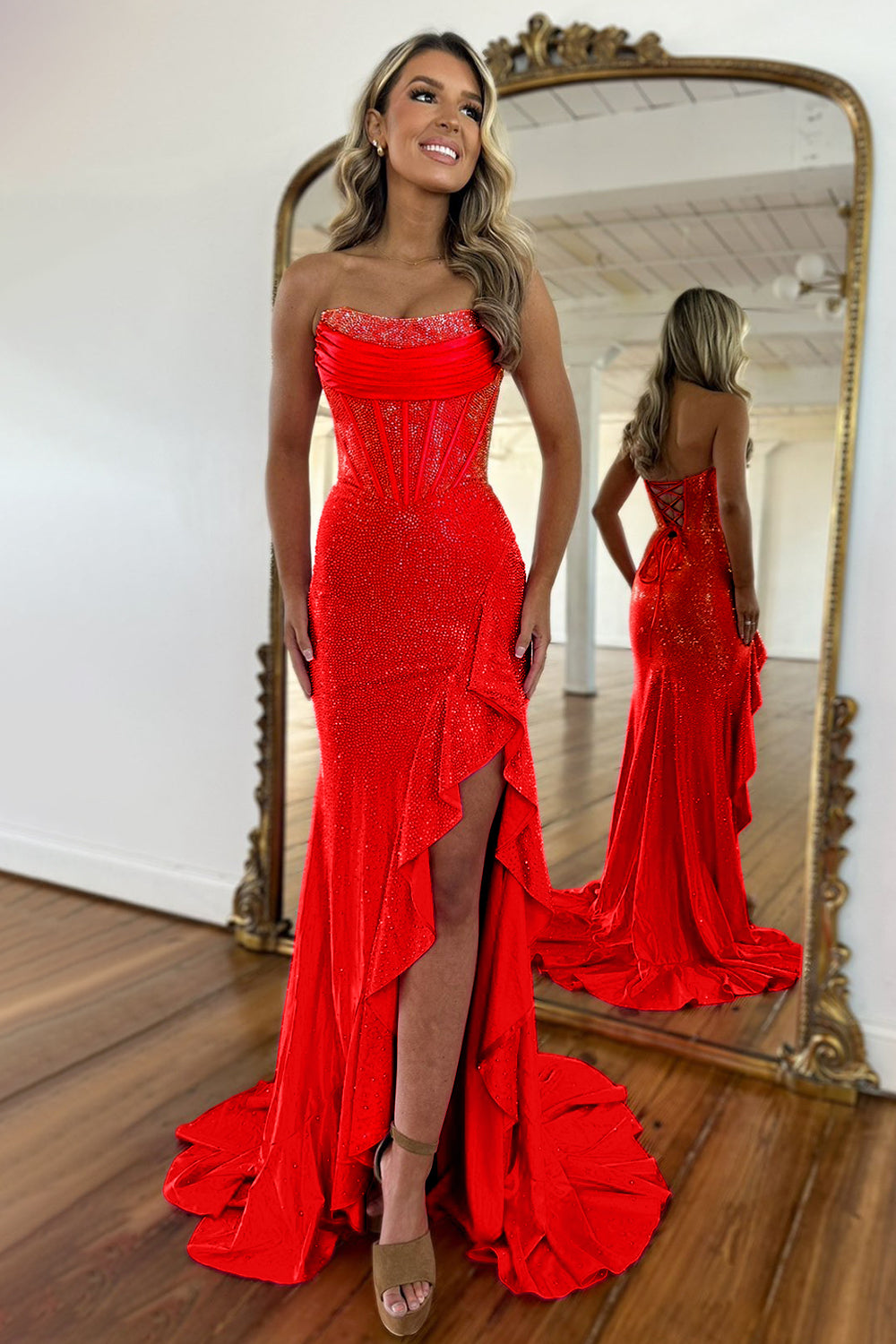 Light Blue Mermaid Strapless Lace Up Long Beaded Prom Dress with Leg Slit